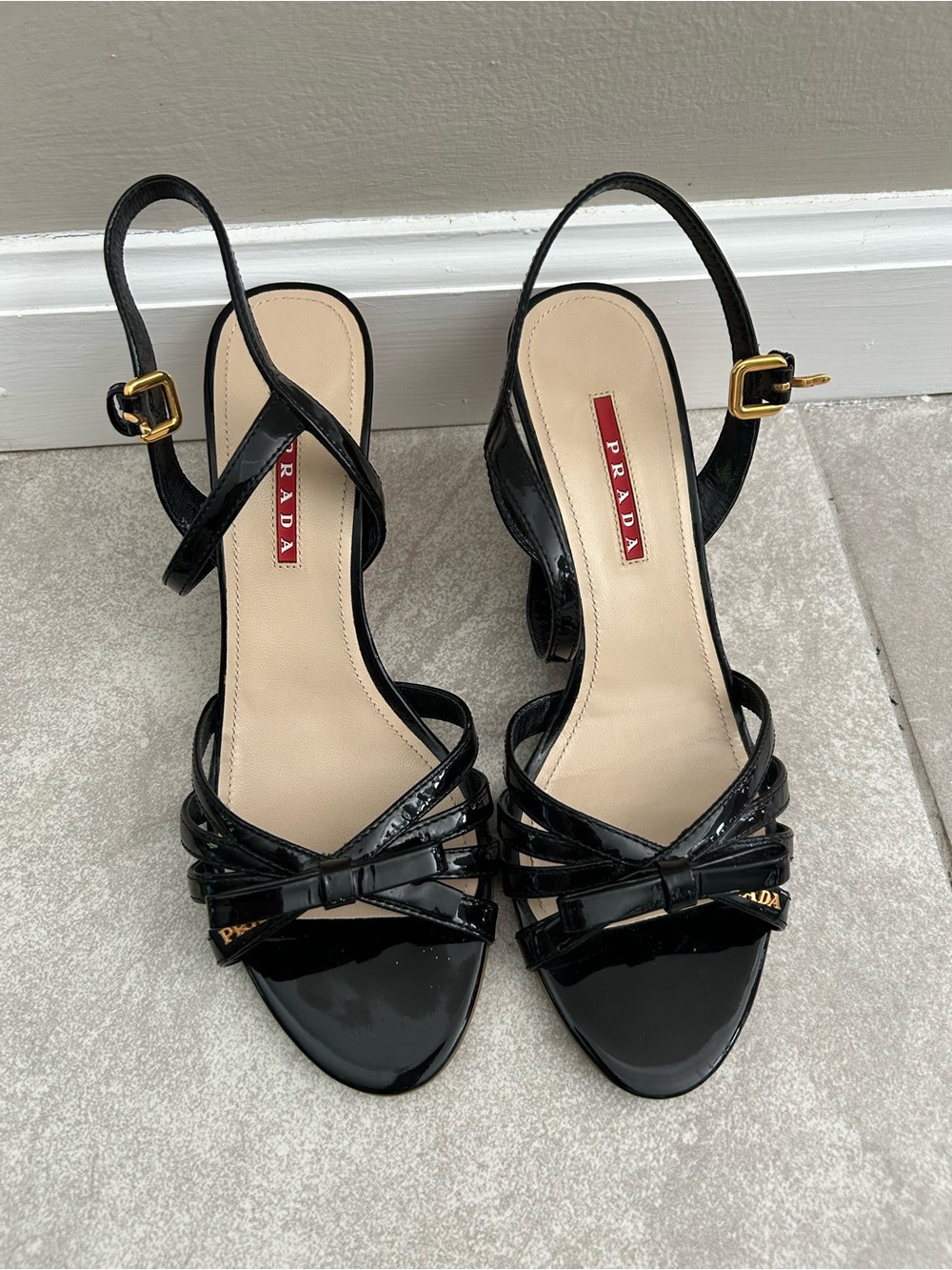 Prada Linea Rossa Black Patent Leather Cork Wedge Sandals Size 38 US 8